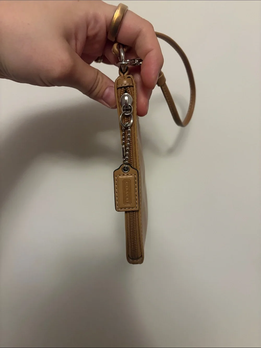 Coach Tan Leather Wristlet with Logo Patch